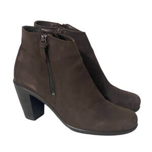 Ecco Touch Nubuck Leather Ankle Booties Block Heel Mocha Brown Women's Size 9.5